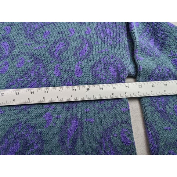 Vintage 90s Men's Large Sweater Paisley Print Retro Geek Chic Teal Purple - Picture 9 of 16